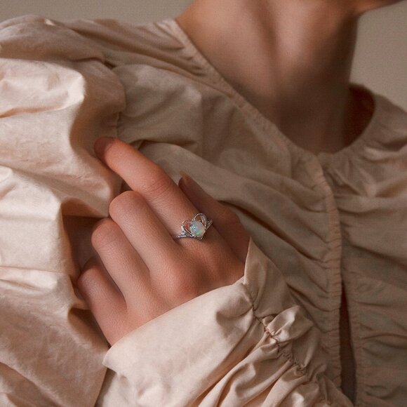 Silver Heart Opal Ring, Real Sterling Silver Stamped 925, Size 8 - Picture 4 of 10